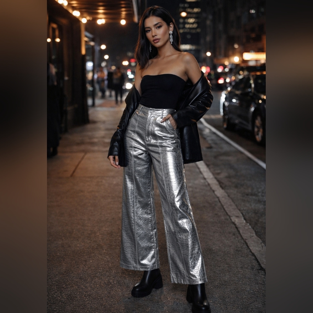Anthropologie Avec Les Filles Silver Croc Faux Leather Metallic Wide Leg Pants 4